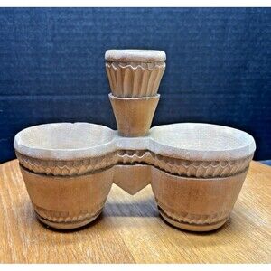 Vtg Polish Folk Art Hand-Carved Wooden Triple Condiment Server Original Label